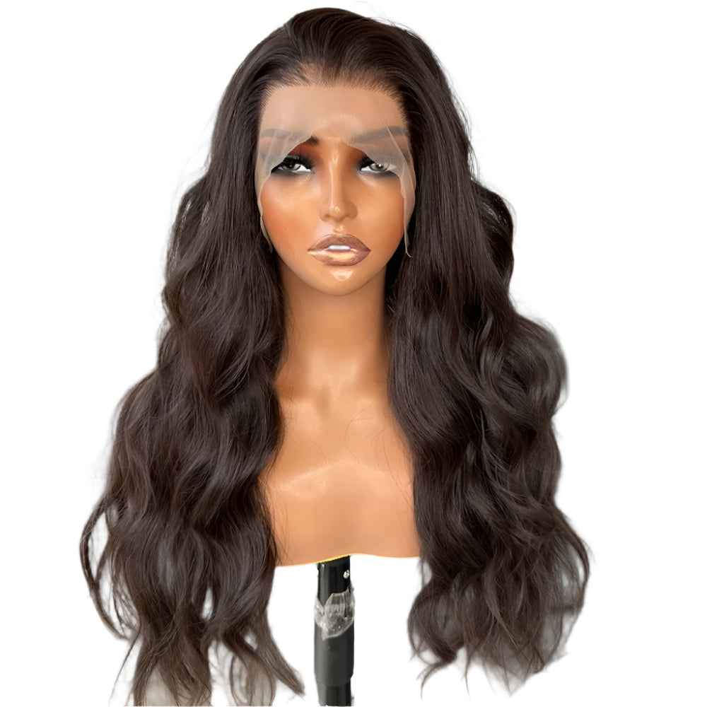 Deep Brown Body Wave PREMIUM SYNTHETIC 13x6 Long Synthetic Lace Front Glueless Wig with Natural Hairline