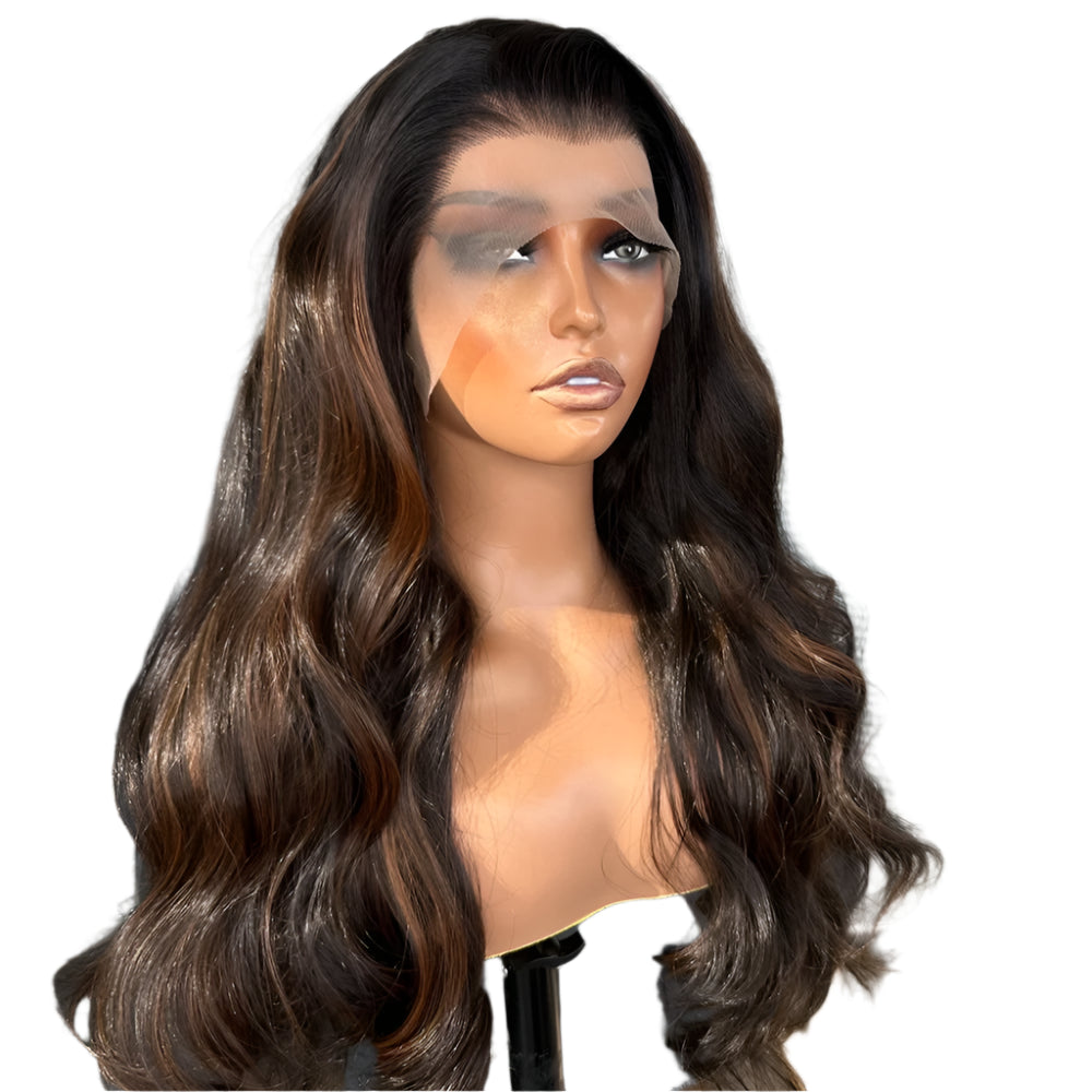 Long Chocolate Brown with Copper Highlights Body Wave PREMIUM SYNTHETIC 13x4 Lace Front Wig