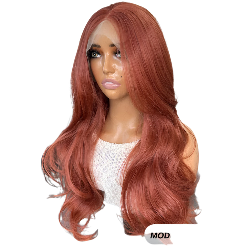 Copper Red Long Natural Salon Blowout  PREMIUM SYNTHETIC 13x4 Glueless Lace Front Wig With Natural Hairline