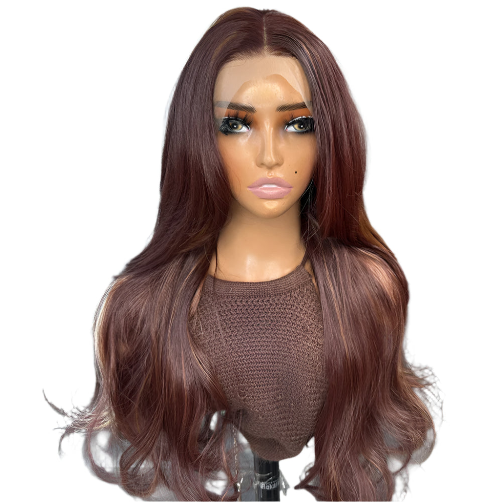 Auburn Copper Highlight PREMIUM SYNTHETIC 13X4 Lace Front Glueless Wig with Pre-Plucked Hairline