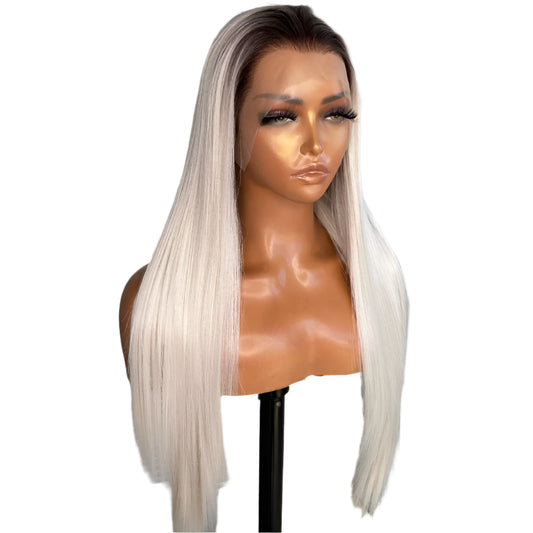 Futuristic Silver White with Dark Roots PREMIUM SYNTHETIC 13X4 Glueless Long Silky Straight Lace Front Wig