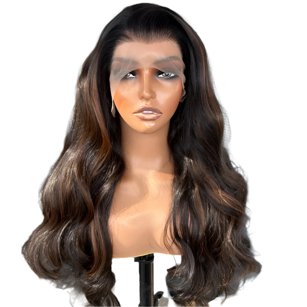 Long Chocolate Brown with Copper Highlights Body Wave PREMIUM SYNTHETIC 13x4 Lace Front Wig