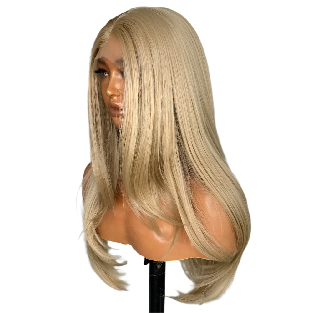 Platinum Blonde PREMIUM SYNTHETIC Glueless Half Hand Tied Layered Lace Front Wig with Pre Plucked Natural Hairline