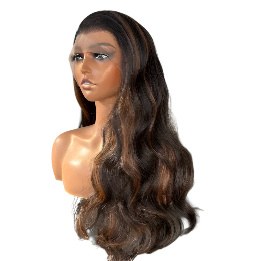 Long Chocolate Brown with Copper Highlights Body Wave PREMIUM SYNTHETIC 13x4 Lace Front Wig