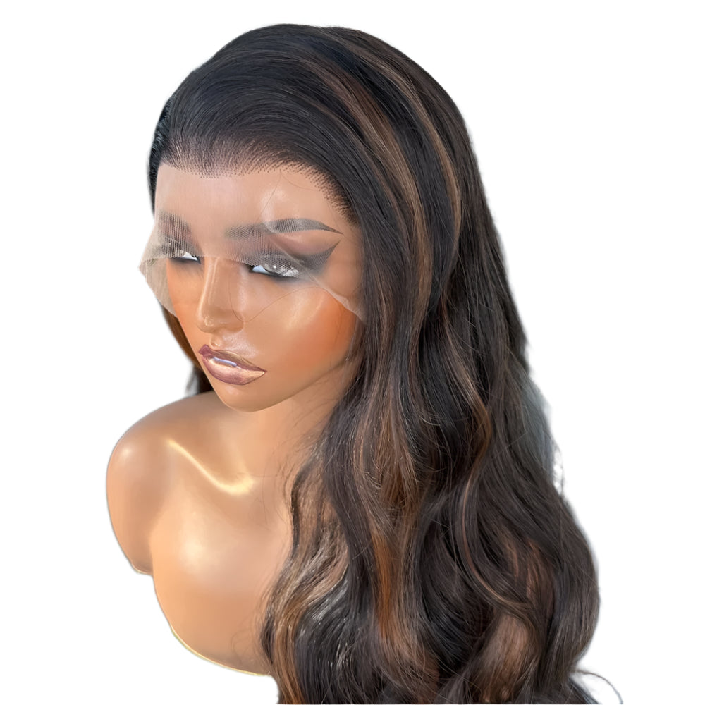 Long Chocolate Brown with Copper Highlights Body Wave PREMIUM SYNTHETIC 13x4 Lace Front Wig