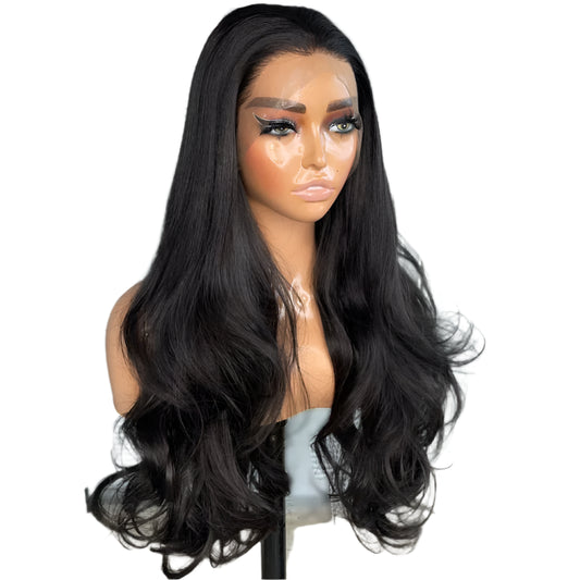 Long Black Body Wave PREMIUM SYNTHETIC 13X4 Glueless Lace Front Wig Heat Resistant Pre Plucked Lace Frontal Wig