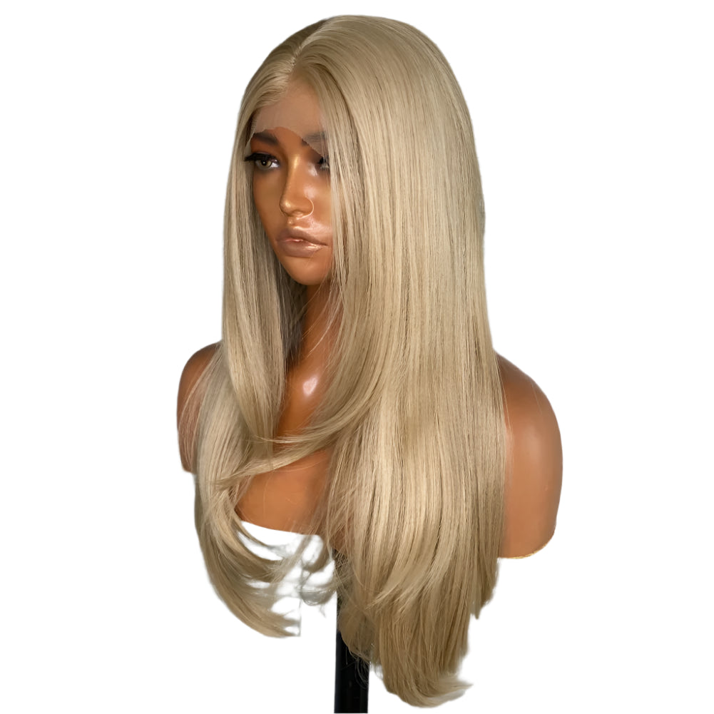 Platinum Blonde PREMIUM SYNTHETIC Glueless Half Hand Tied Layered Lace Front Wig with Pre Plucked Natural Hairline
