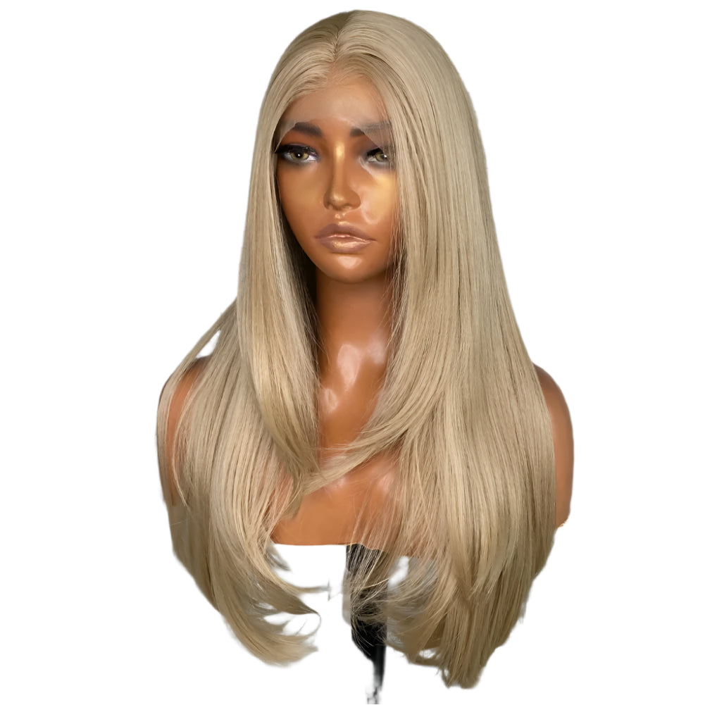 Platinum Blonde PREMIUM SYNTHETIC Glueless Half Hand Tied Layered Lace Front Wig with Pre Plucked Natural Hairline