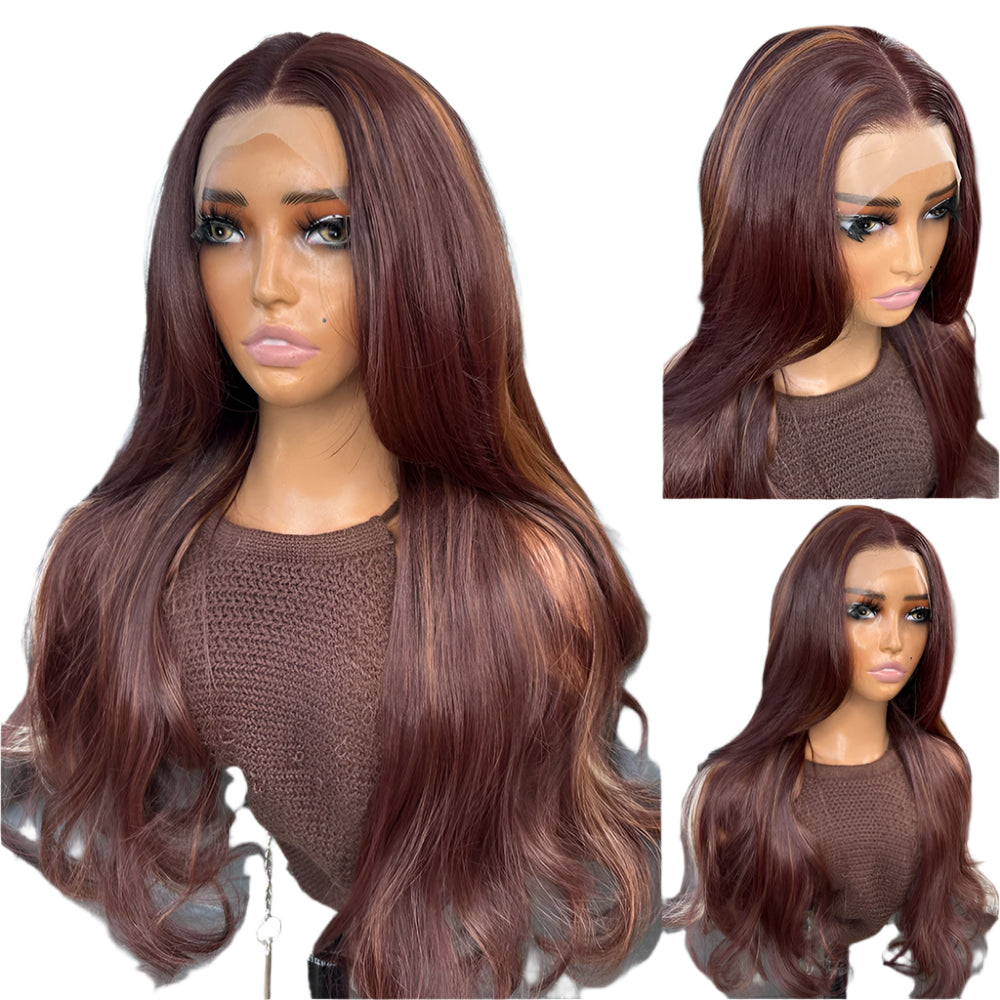 Auburn Copper Highlight PREMIUM SYNTHETIC 13X4 Lace Front Glueless Wig with Pre-Plucked Hairline
