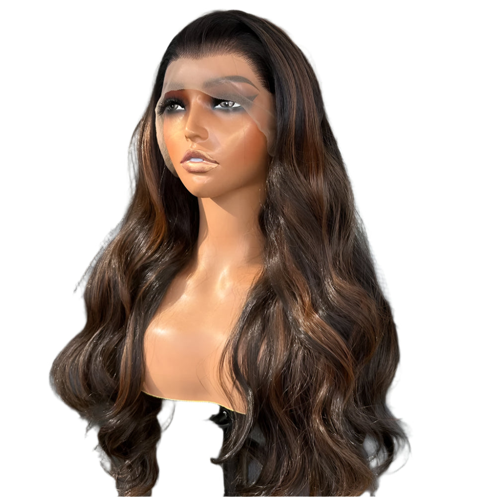 Long Chocolate Brown with Copper Highlights Body Wave PREMIUM SYNTHETIC 13x4 Lace Front Wig