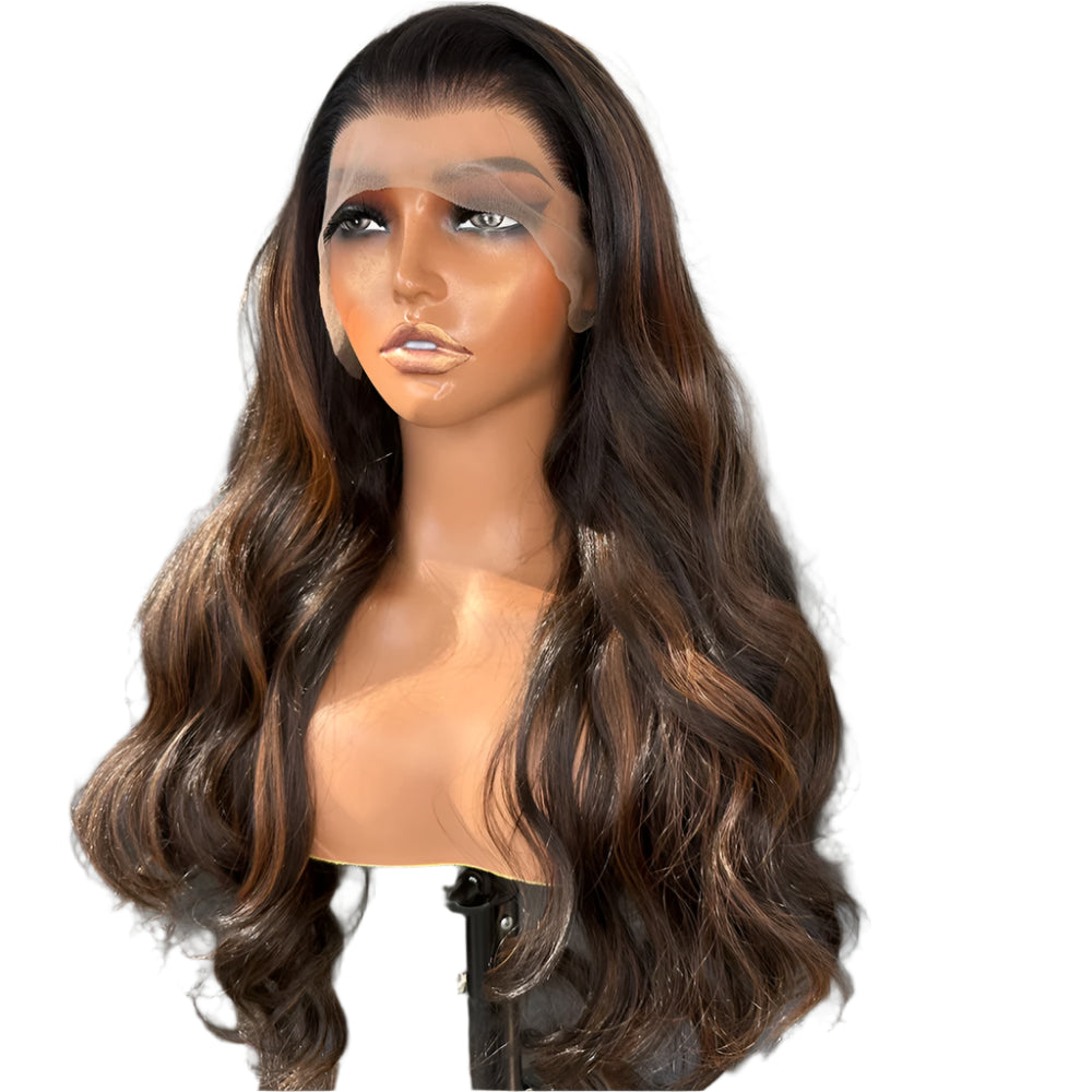 Long Chocolate Brown with Copper Highlights Body Wave PREMIUM SYNTHETIC 13x4 Lace Front Wig