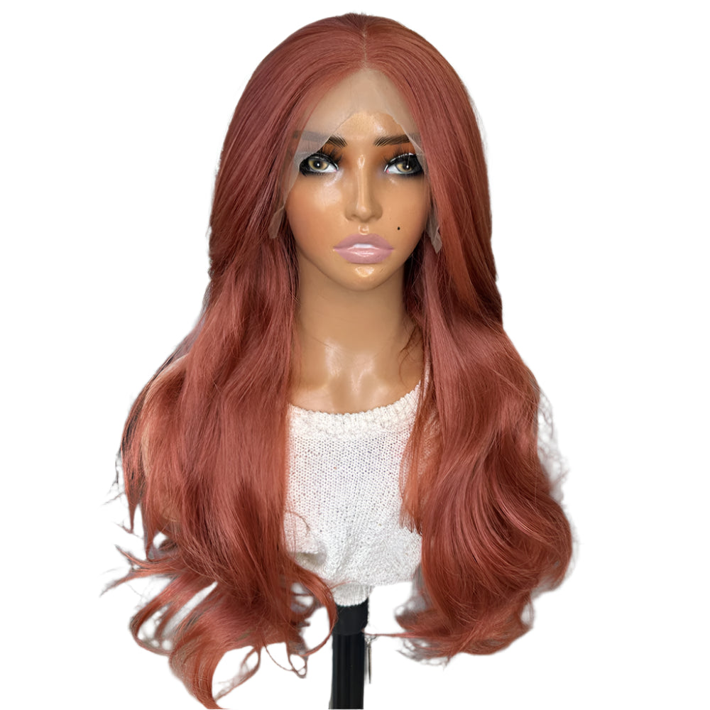 Copper Red Long Natural Salon Blowout  PREMIUM SYNTHETIC 13x4 Glueless Lace Front Wig With Natural Hairline