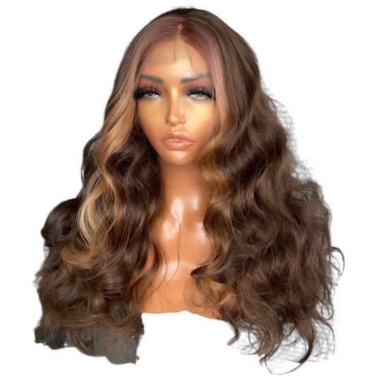 Brown with Honey Blonde Highlight Airbrush Curl PREMIUM SYNTHETIC 13x4 Lace Front Wig with Natural Hairline&nbsp;